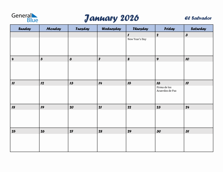 January 2026 Calendar with Holidays in El Salvador