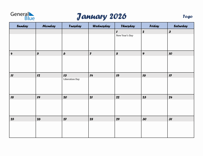 January 2026 Calendar with Holidays in Togo