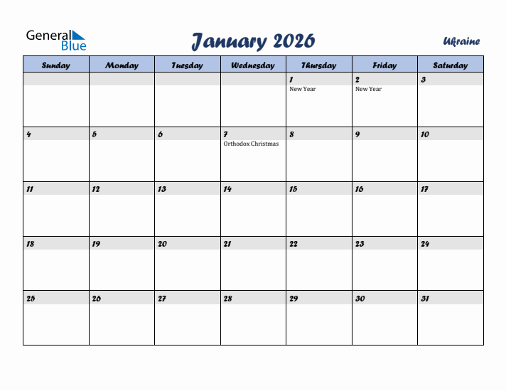 January 2026 Calendar with Holidays in Ukraine