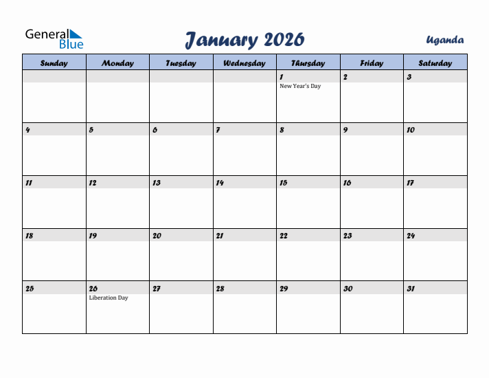 January 2026 Calendar with Holidays in Uganda
