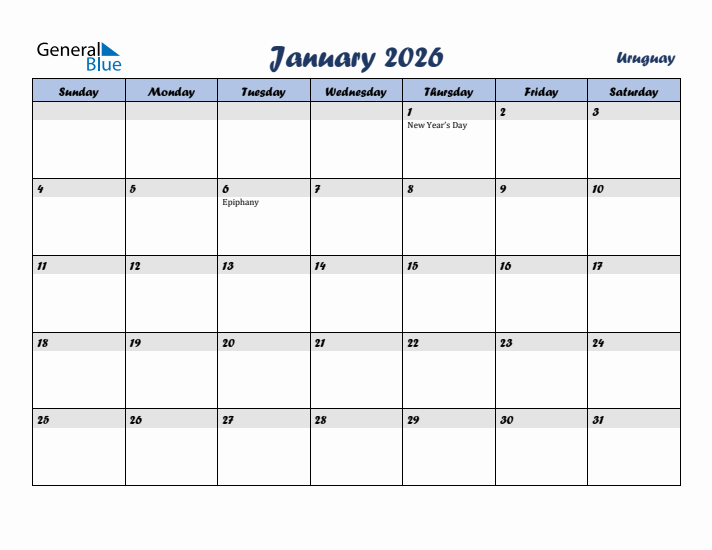 January 2026 Calendar with Holidays in Uruguay