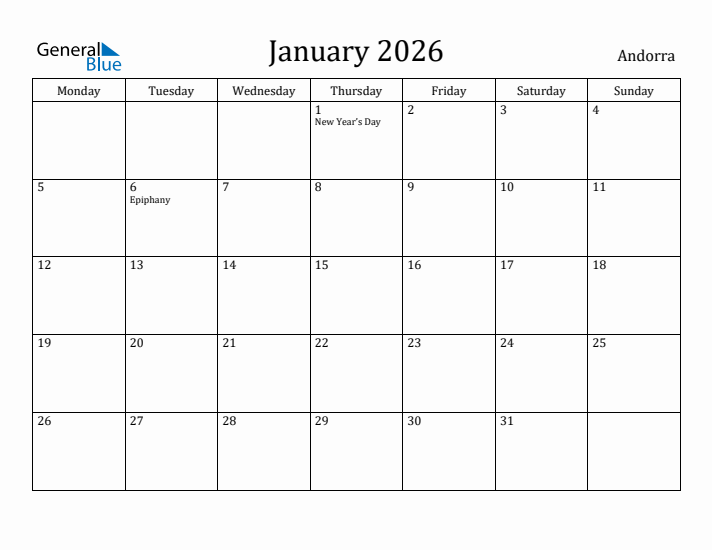 January 2026 Calendar Andorra