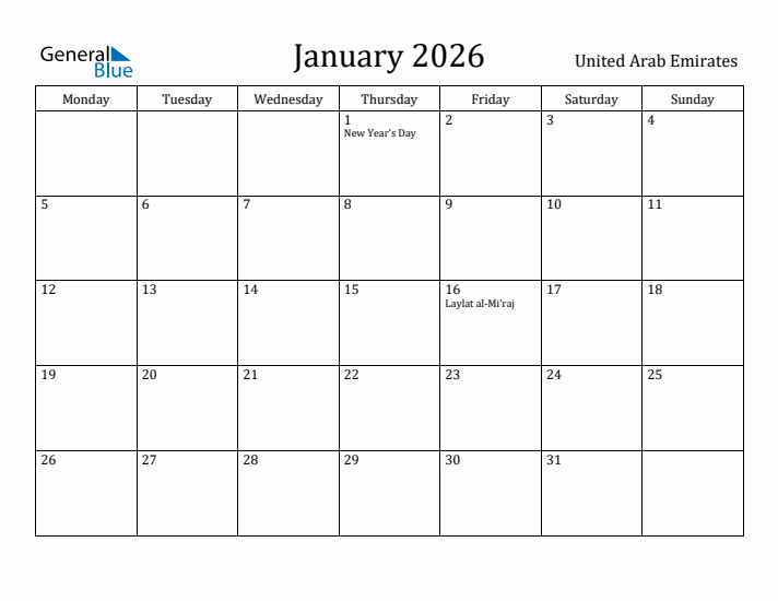 January 2026 Calendar United Arab Emirates