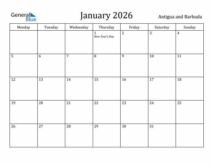 January 2026 Calendar Antigua and Barbuda