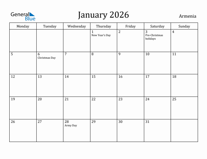 January 2026 Calendar Armenia