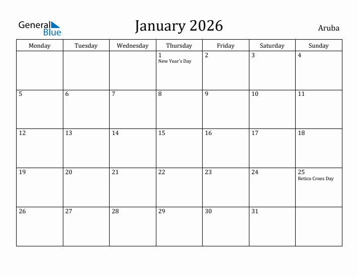 January 2026 Calendar Aruba