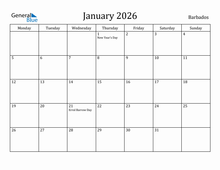 January 2026 Calendar Barbados