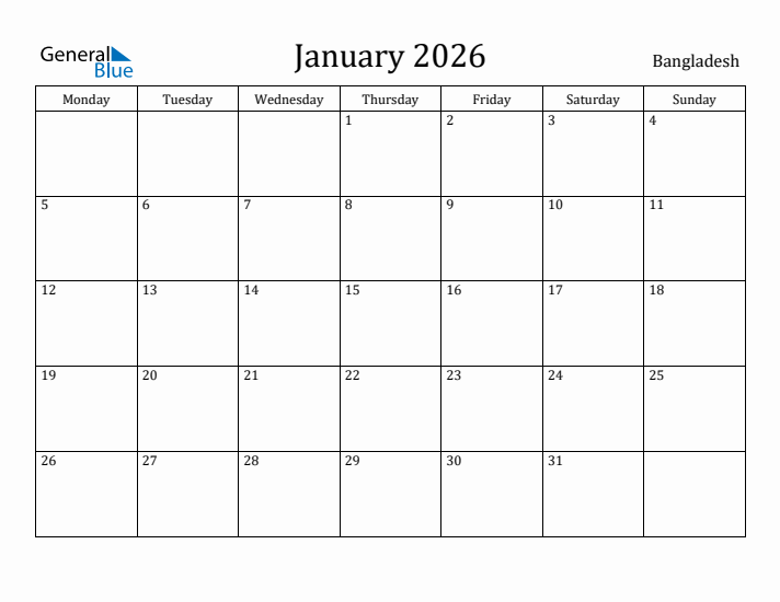 January 2026 Calendar Bangladesh
