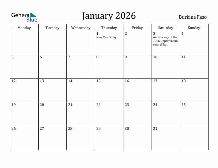 January 2026 Calendar Burkina Faso