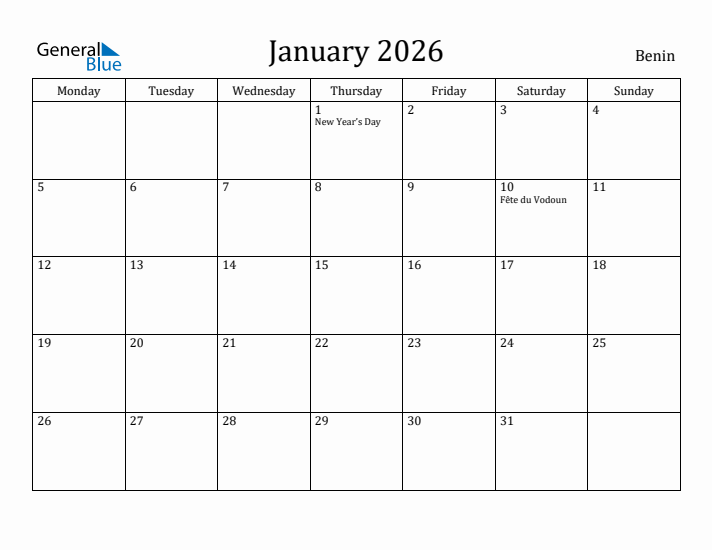January 2026 Calendar Benin