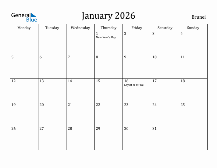 January 2026 Calendar Brunei