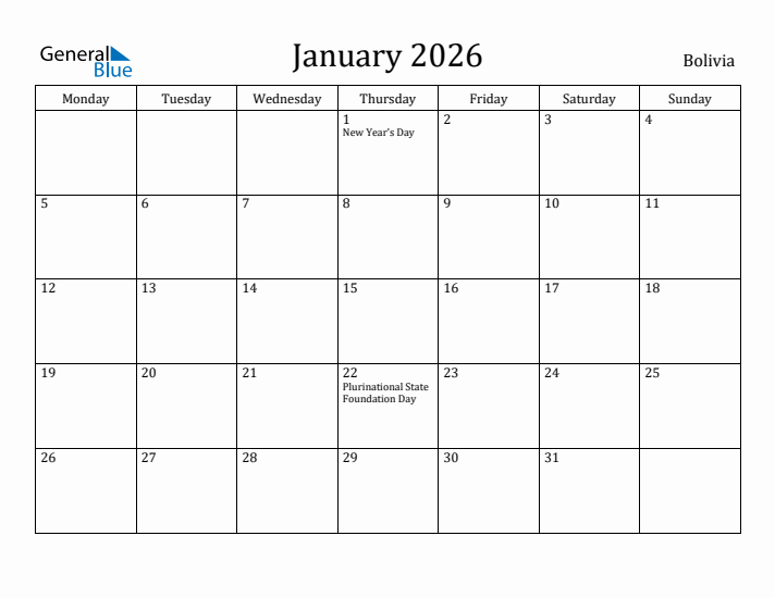 January 2026 Calendar Bolivia