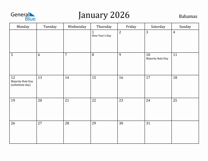 January 2026 Calendar Bahamas