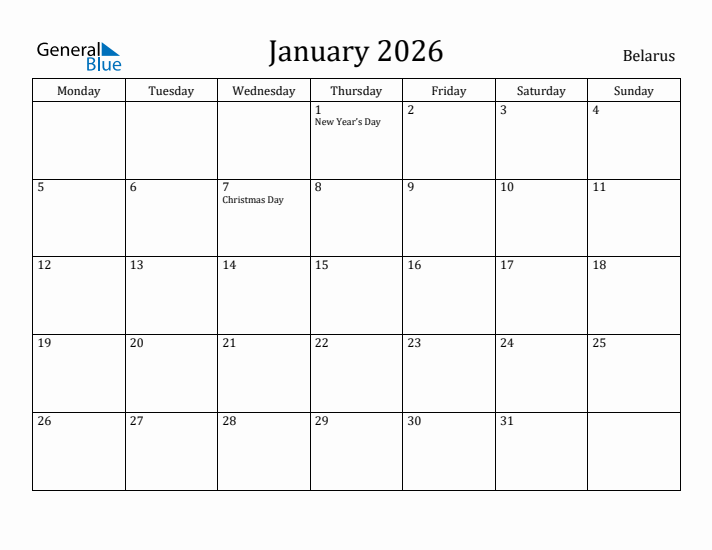 January 2026 Calendar Belarus