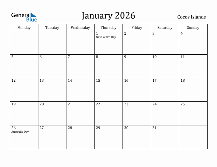 January 2026 Calendar Cocos Islands