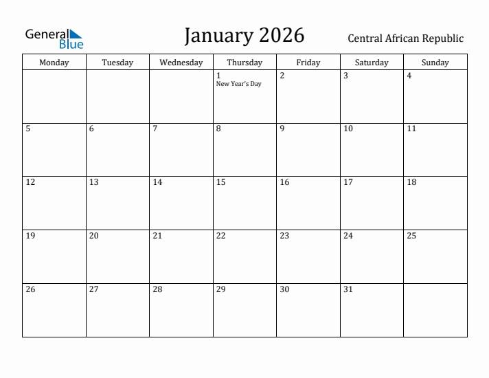 January 2026 Calendar Central African Republic