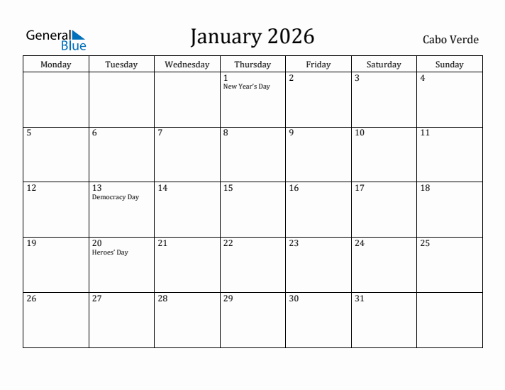 January 2026 Calendar Cabo Verde