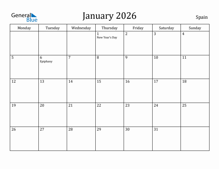 January 2026 Calendar Spain