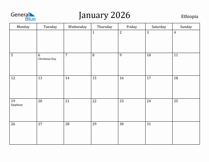 January 2026 Calendar Ethiopia