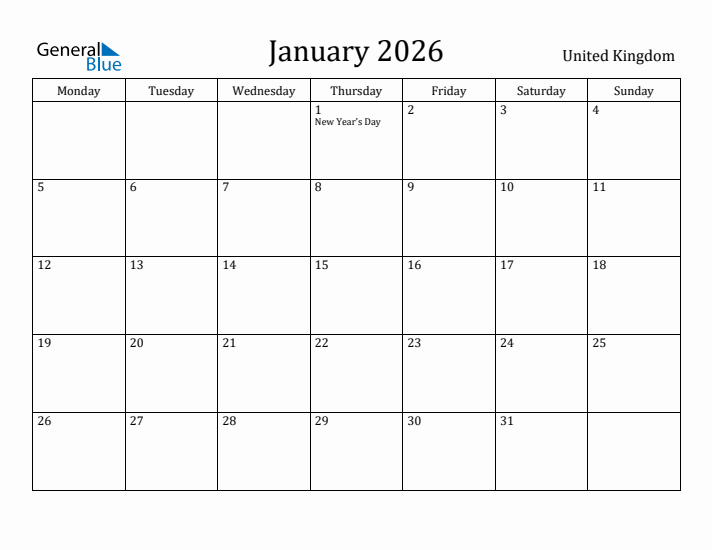 January 2026 Calendar United Kingdom