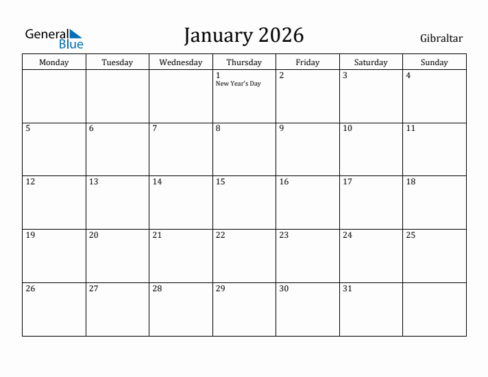 January 2026 Calendar Gibraltar