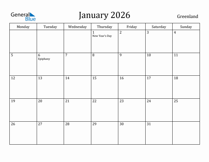 January 2026 Calendar Greenland