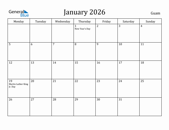 January 2026 Calendar Guam