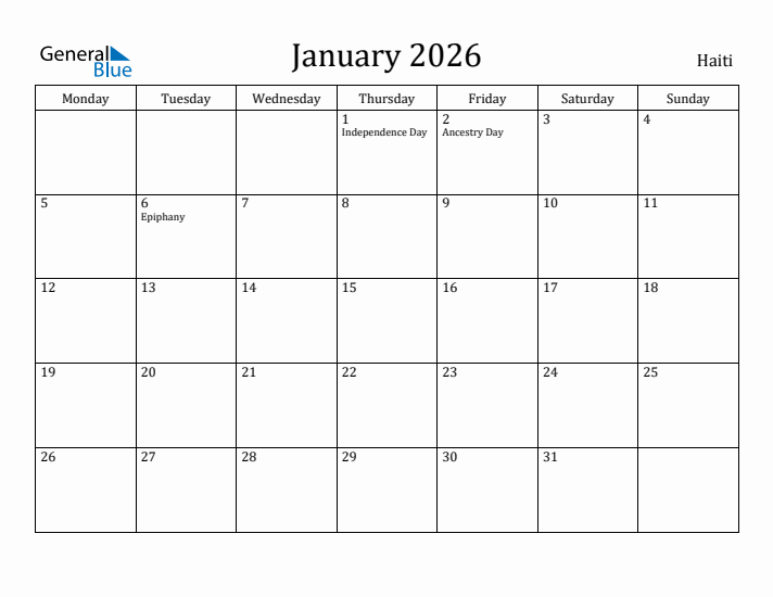 January 2026 Calendar Haiti