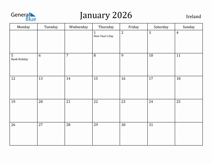 January 2026 Calendar Ireland