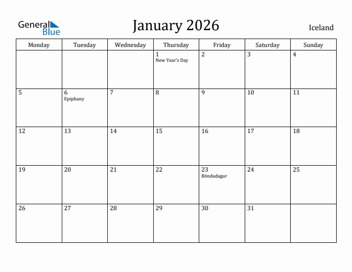 January 2026 Calendar Iceland