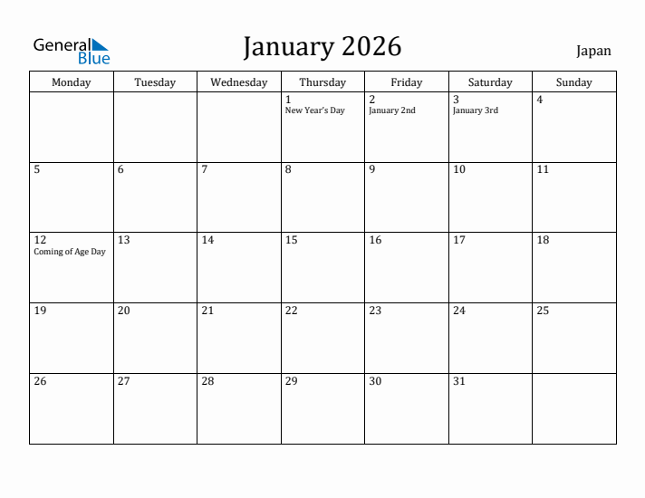 January 2026 Calendar Japan