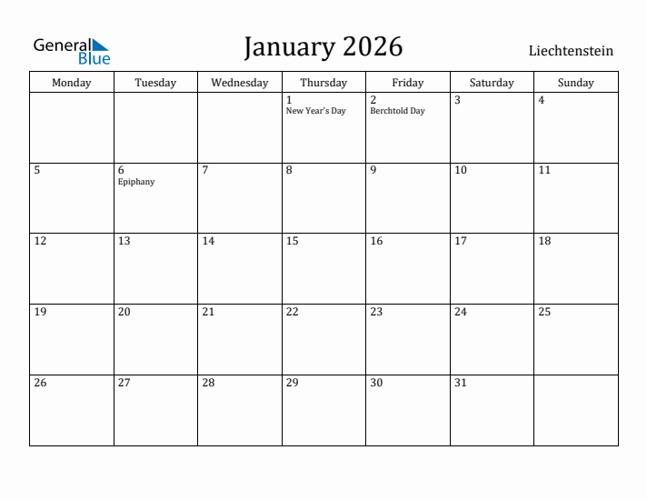 January 2026 Calendar Liechtenstein