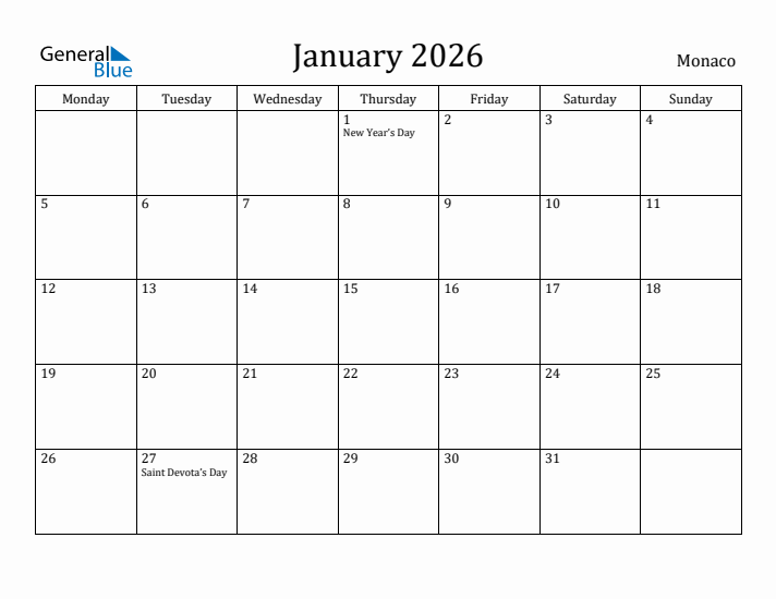 January 2026 Calendar Monaco