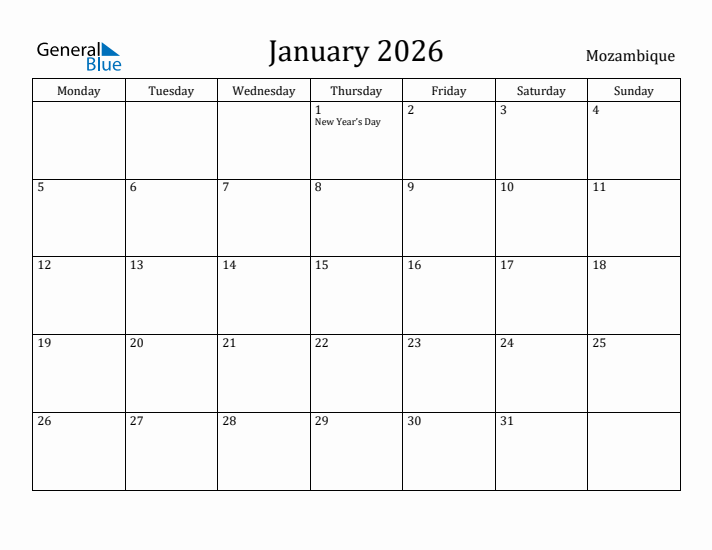 January 2026 Calendar Mozambique