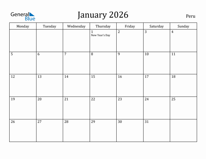 January 2026 Calendar Peru