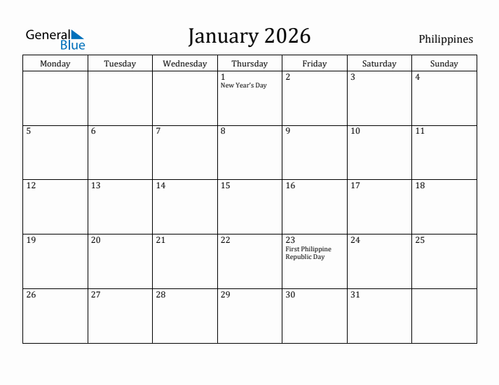 January 2026 Calendar Philippines