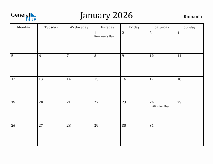 January 2026 Calendar Romania