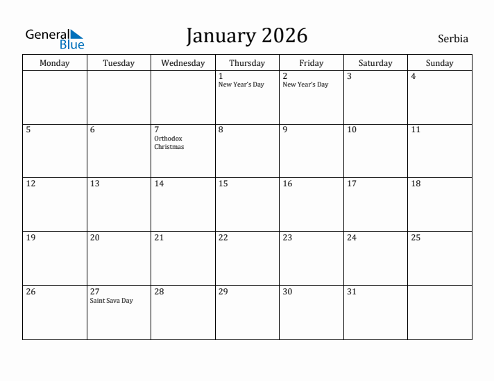 January 2026 Calendar Serbia