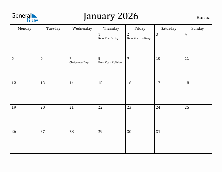 January 2026 Calendar Russia