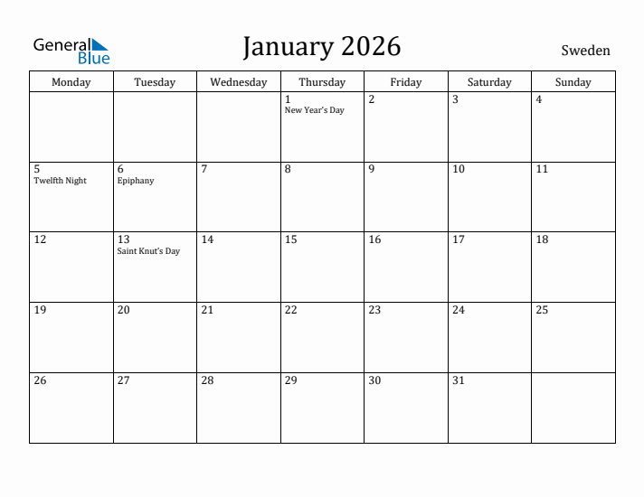 January 2026 Calendar Sweden