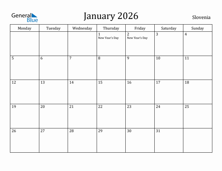 January 2026 Calendar Slovenia