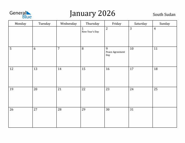 January 2026 Calendar South Sudan