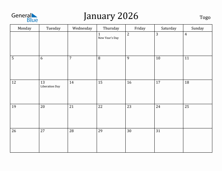 January 2026 Calendar Togo