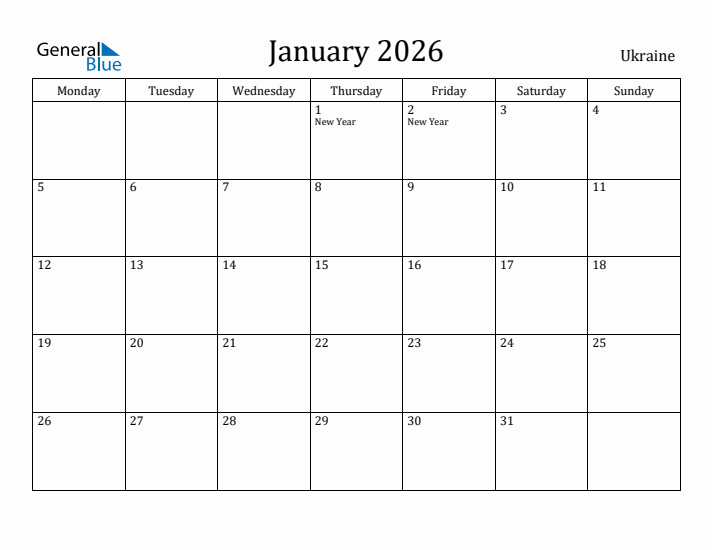 January 2026 Calendar Ukraine