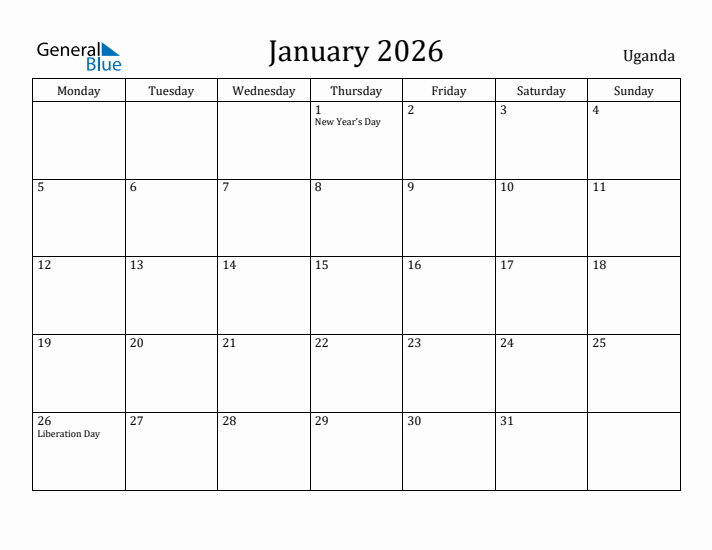 January 2026 Calendar Uganda