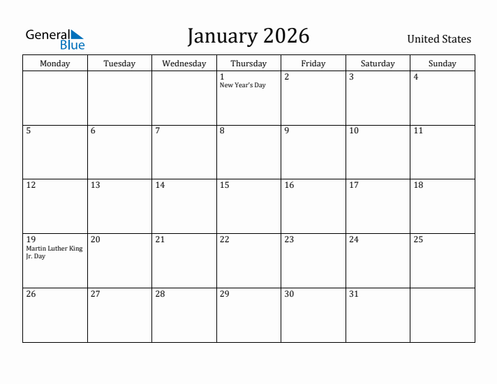January 2026 Calendar United States