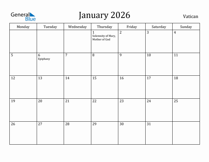 January 2026 Calendar Vatican