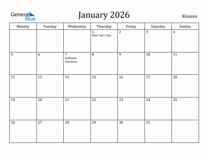 January 2026 Calendar Kosovo