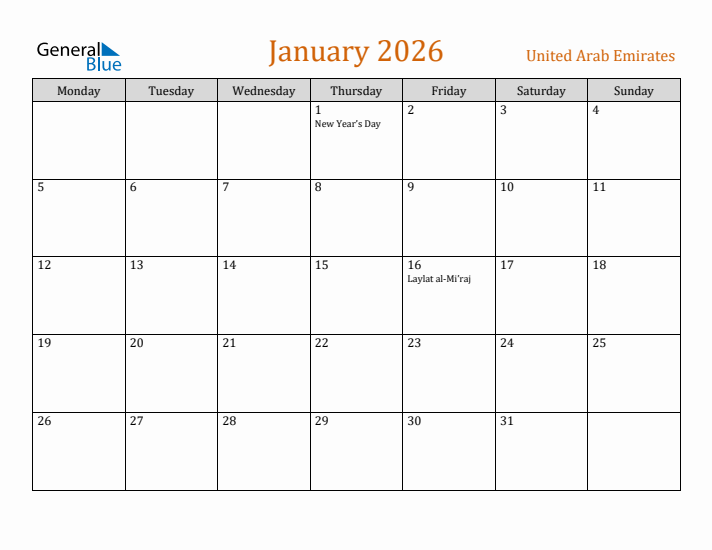 January 2026 Holiday Calendar with Monday Start