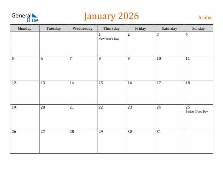 January 2026 Holiday Calendar with Monday Start